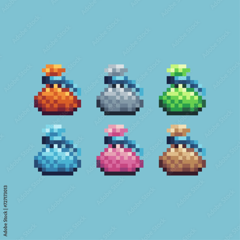 Poster pixel art sets icon of golden money pouch logo variation color.coin bag icon on pixelated style. 8bi