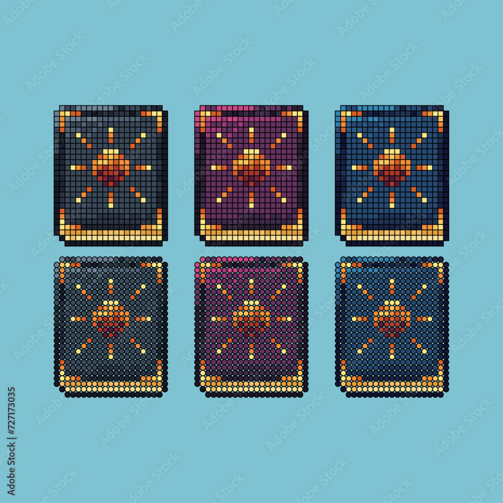 Poster pixel art stroke sets icon of spell book of sun logo variation color.magic book icon on pixelated st