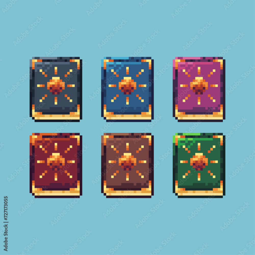 Poster pixel art sets icon of spell book of sun logo variation color.magic book icon on pixelated style. 8b