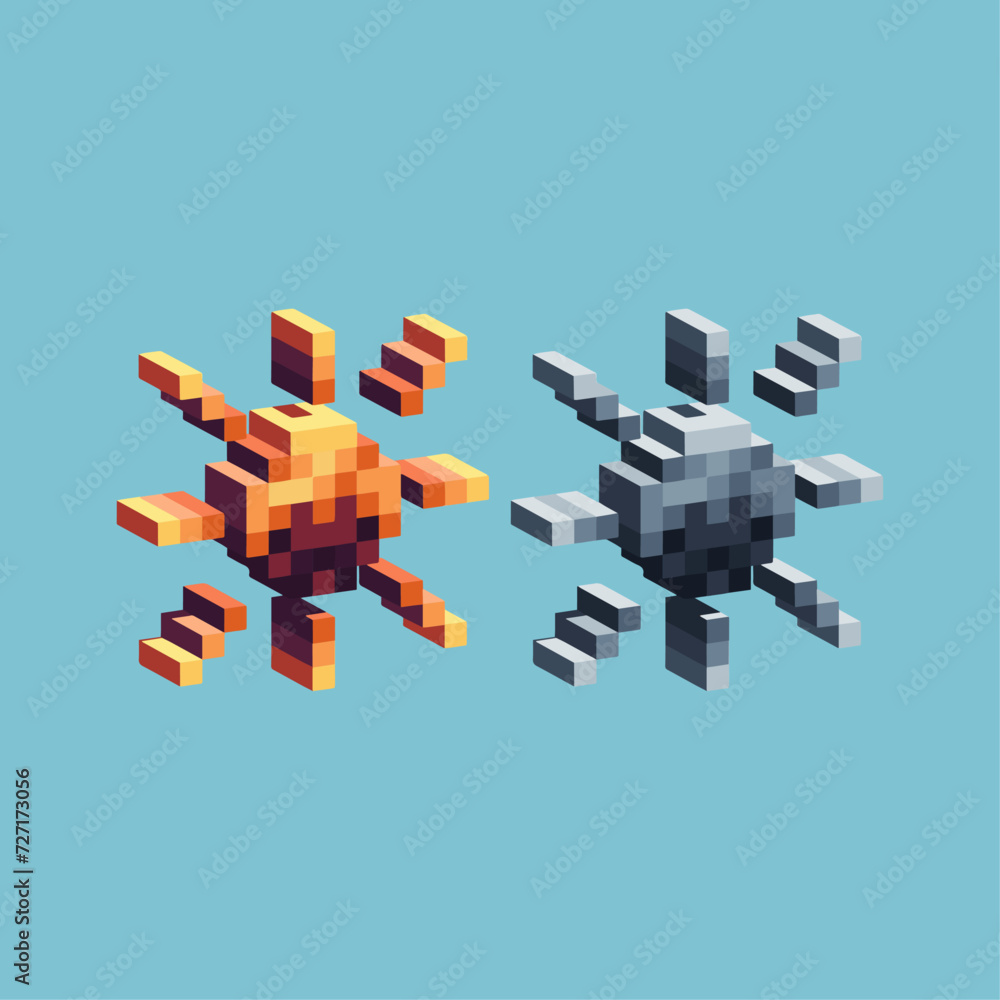 Poster isometric pixel art 3d of sunny day sun icon for items asset.white and yellow sun icon on pixelated 
