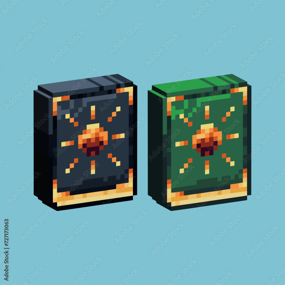 Poster isometric pixel art 3d of spell book icon for items asset. magical book of sun spell icon on pixelat