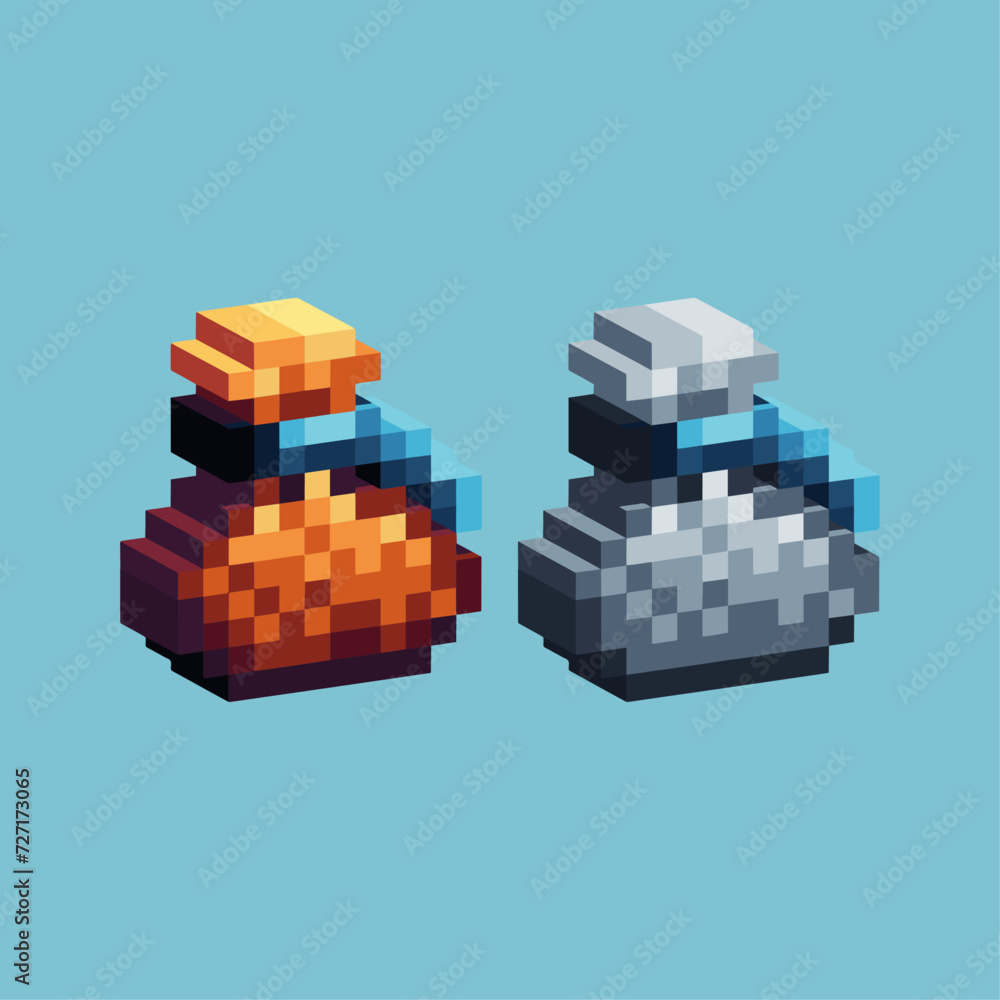 Poster isometric pixel art 3d of money pouch mining item icon for items asset. coin bags dugeon icon on pix