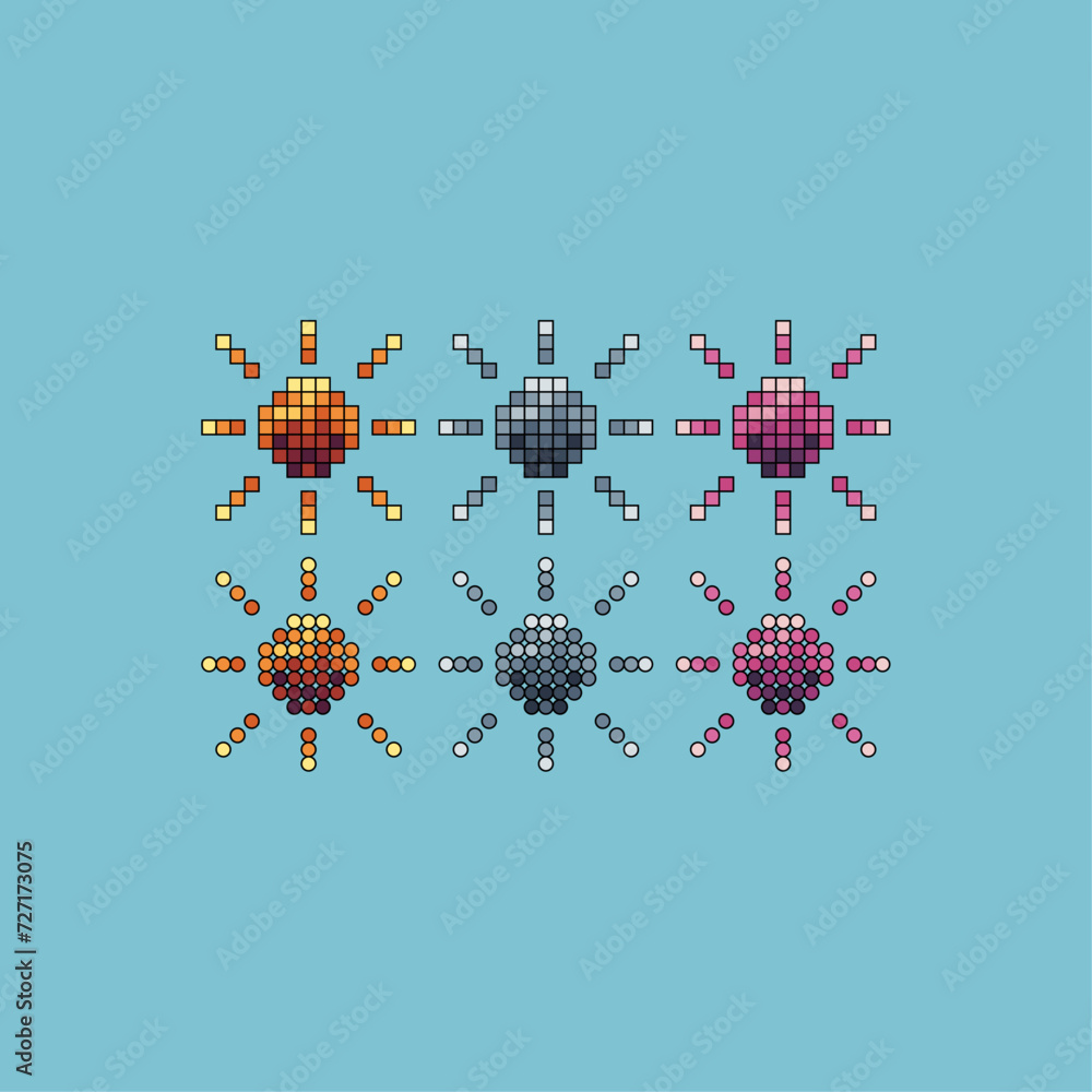 Aufkleber pixel art stroke sets icon of sun rise logo variation color.sunny day icon on pixelated style. 8bits