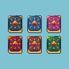 Pixel art sets icon of spell book of sun logo variation color.Magic book icon on pixelated style. 8bits Illustration, perfect for design asset element your game ui. Simple pixel art icon asset.