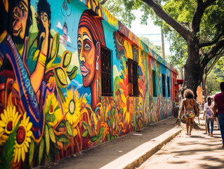 A lively urban scene showcasing colorful street art and captivating murals on a busy street.