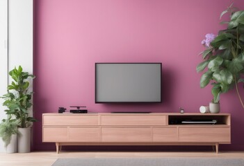 TV on the cabinet in modern living room on white viva magenta wall background, Generative AI