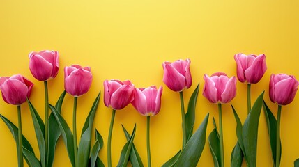 Pink tulips on a yellow background