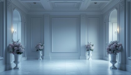 Empty White Corridor inside a Simple and Elegant house. Blank white wall mockup in room interior with furniture and flower vases