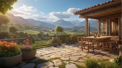Nature Retreat - Wooden House Terrace Embracing Mountain Vistas and Green Meadows - obrazy, fototapety, plakaty