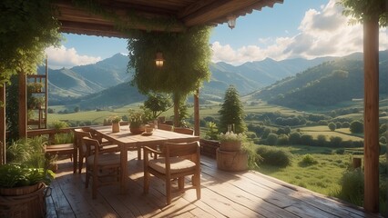Alpine Escape - Wooden Retreat with a View of Lush Greenery and Peaks - obrazy, fototapety, plakaty