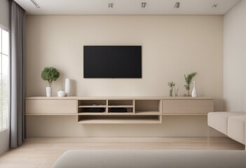 Cabinet for TV on the cream color wall in living room,minimal design, Generative AI