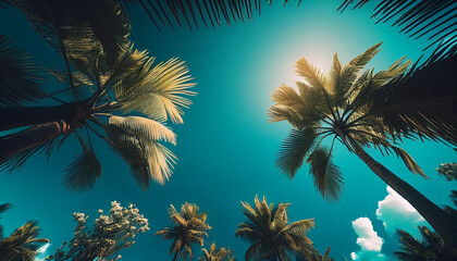 Fototapeta na wymiar Blue sky and palm trees view from below. Tropical beach and summer background. Travel concept minimalist background Ai generated image