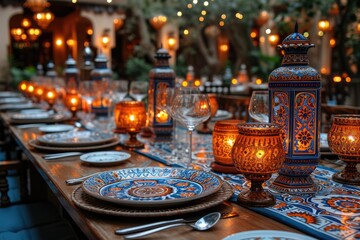 Dining table with ramadan vibes decoration Holy month of Ramadan concept professional advertising food photography