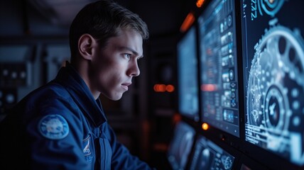 man in a dark room looking intently at numerous monitors displaying complex and confusing data and charts. space or aviation perhaps in a simulation or control room.