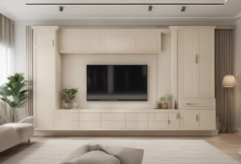 Cabinet for TV on the cream color wall in living room,minimal design, Generative AI