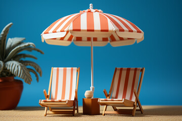 Beach deck chairs and umbrella set on light background