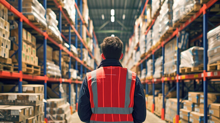 Professional worker wearing safety vest and standing in a big warehouse with shelves full of delivery goods.