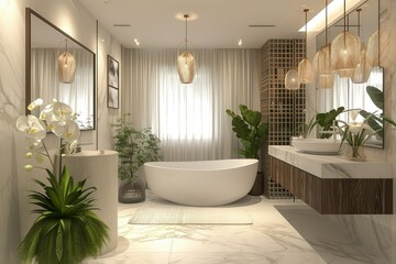 Light and airy bathroom with focus on natural light and color coordination. 