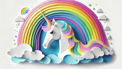 Unicorn and rainbow. Illustration of a unicorn with a cloud and rainbow in the background 