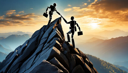 AI robots helping each other up a mountain peak. - obrazy, fototapety, plakaty