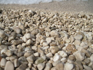 Macro view of gravel beach on the sun. Pebbles on the seaside. Close up of a stone on a sunny summer day.
