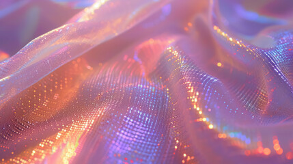 Macro Texture of a Futuristic Fabric Woven with Nano-Optical Fibers, Surface Alive with a Dynamic Display of Holographic Patterns, Shifting in Color and Form. Fashion Industry And Technology Concept