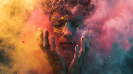 Man With Hands on Face Covered in Colored Smoke, Holi
