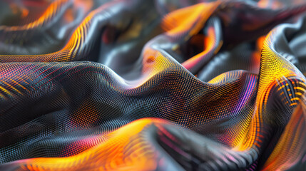 Macro Texture of a Futuristic Fabric Woven with Nano-Optical Fibers, Surface Alive with a Dynamic Display of Holographic Patterns, Shifting in Color and Form. Fashion Industry And Technology Concept - obrazy, fototapety, plakaty