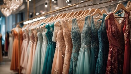 many evening dresses on hangers in a store