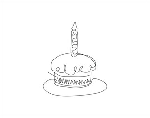 Simple Outline Of Birthday Cake. Party Cake In One Countinuous Line Art.