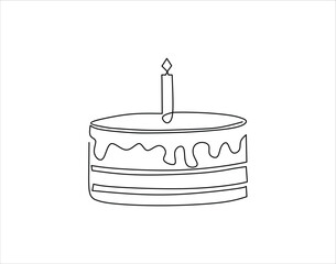 Simple Outline Of Birthday Cake. Party Cake In One Countinuous Line Art.