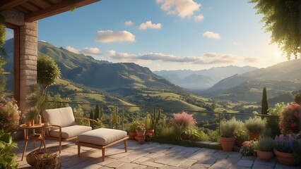 Experience the beauty of nature in a rural getaway, where a wooden terrace overlooks green fields and mountains - obrazy, fototapety, plakaty