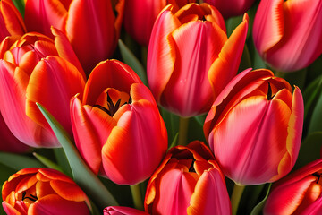 Vibrant red tulips with orange edges in full bloom against a blurred green foliage background.