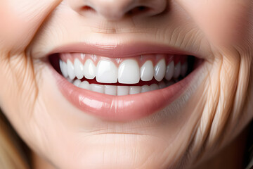 Fototapeta premium Close-up of a womans smiling mouth with white teeth and pink lips