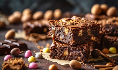 high quality food photo of mouth-watering salted caramel brownies, - obrazy, fototapety, plakaty