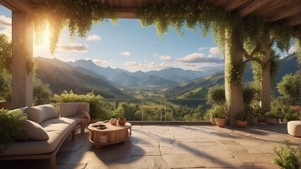 Alpine retreat - a wooden house with a terrace, flower pots, and outdoor furniture in a tranquil countryside setting - obrazy, fototapety, plakaty