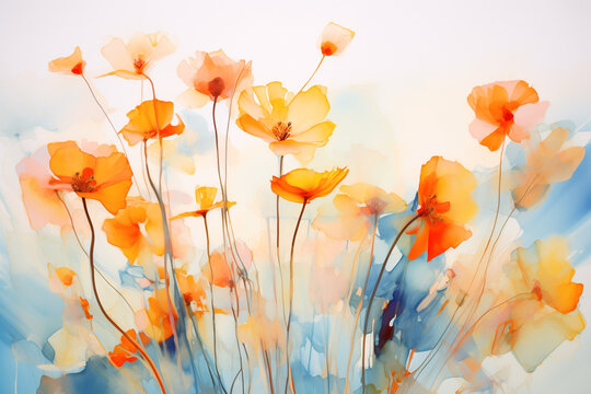 Poppy flowers watercolor painting in pastel color. Generative AI image.