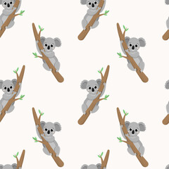 Seamless pattern with cute koala climbing a tree. Lovely animal cartoon character art. Flat vector illustration © Verivera
