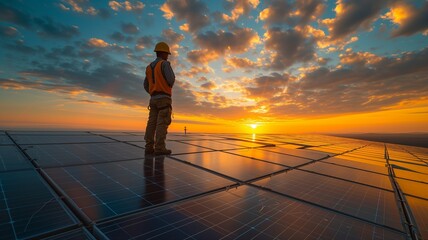 A man wearing safety equipment is installing photovoltaic panels on the roof of a house. Clean energy concept