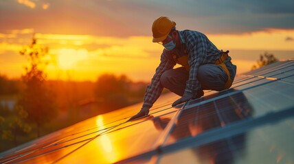 A man wearing safety equipment is installing photovoltaic panels on the roof of a house. Clean energy concept