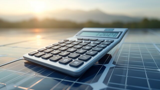 photovoltaic panel with calculator on top. calculation of return on investment
