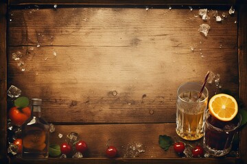 beverage background with two glasses of drink and on wooden background, bird eyes view