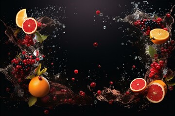 beverage frame background with slice of oranges, cherries on black background