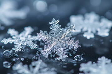 Snowflake in macro shot, Snowflakes in Detail. Close-Up Snow Crystals.
