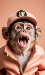 Funny and emotional portrait of a shocked monkey in bright clothes and a cap on an isolated peach color background. sale, promotion, discount, shock. copy space