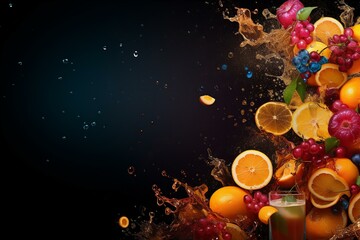 Obraz na płótnie Canvas background with oranges, slice of oranges and dynamic splashing on black background