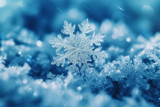 Snowflake in macro shot, Snowflakes in Detail. Close-Up Snow Crystals.