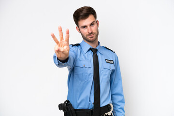 Young police caucasian man isolated on white background happy and counting three with fingers