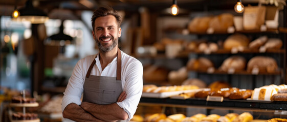 Bakery owner with a welcoming smile, embodying the warmth of small businesses - obrazy, fototapety, plakaty