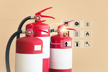 Fire extinguisher with fire prevention icons for protection and prevent and safety rescue and use of equipment on fire training concept.
